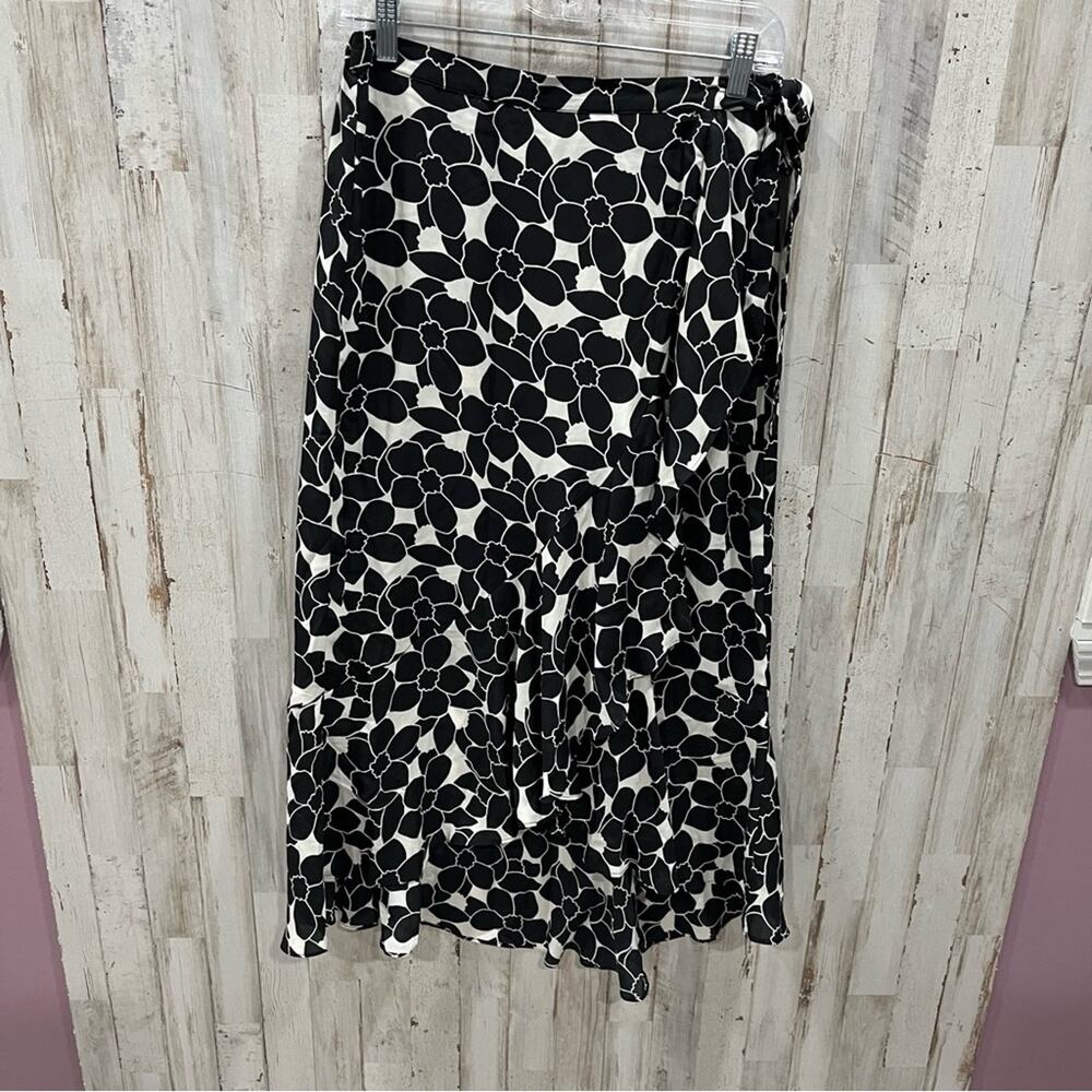 Max Studio Black Floral Semi Sheer Faux Wrap High Low Midi Skirt Ruffle